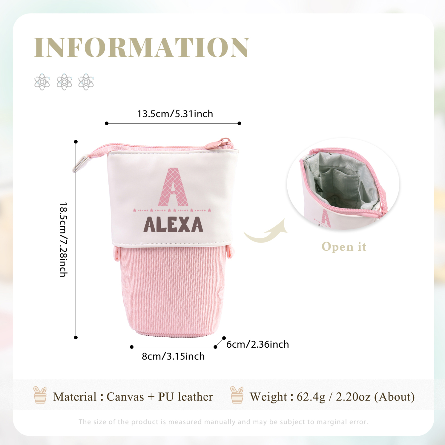 Astuccio per matite personalizzato con 1 nome e 1 lettera per scuola elementare bambini