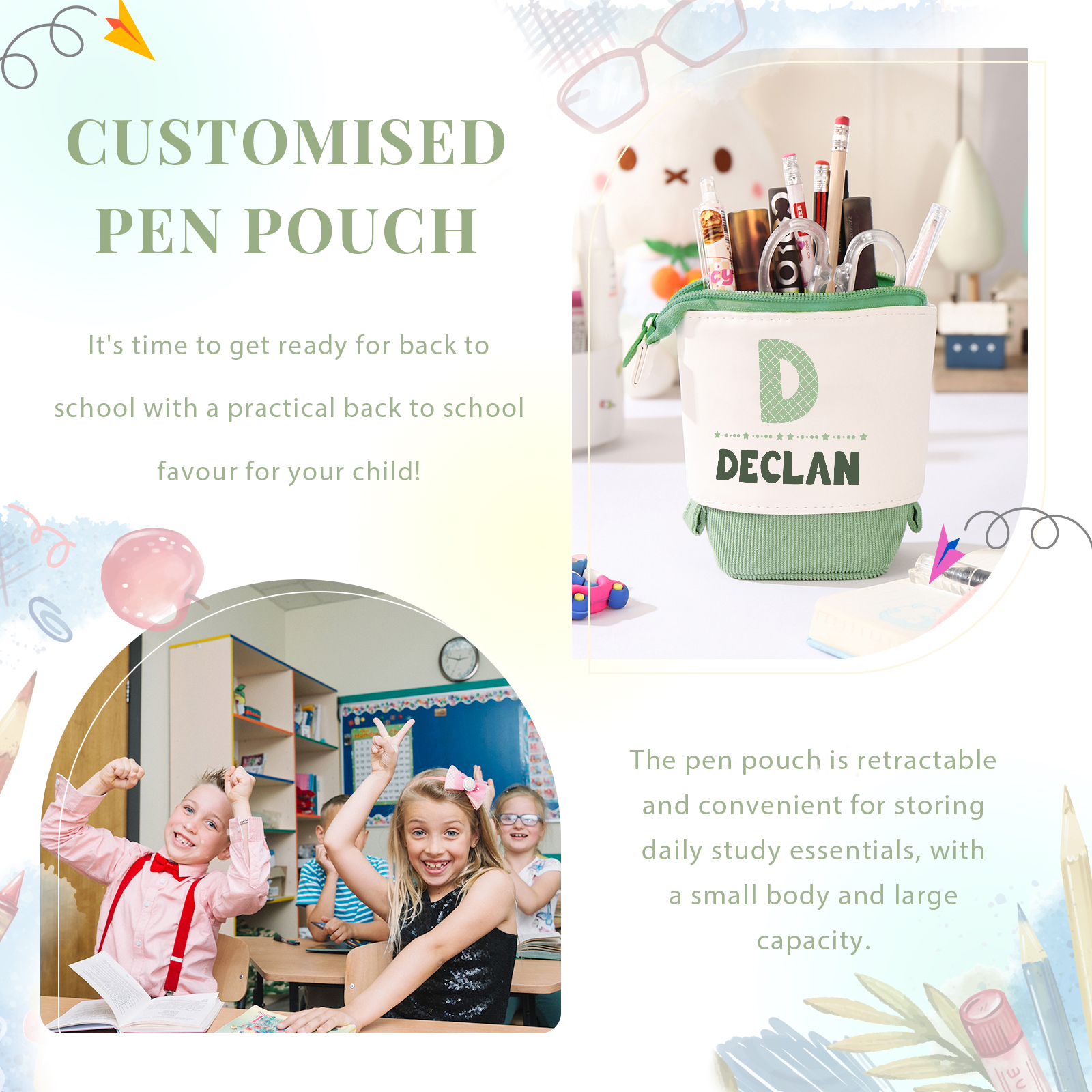 Astuccio per matite personalizzato con 1 nome e 1 lettera per scuola elementare bambini