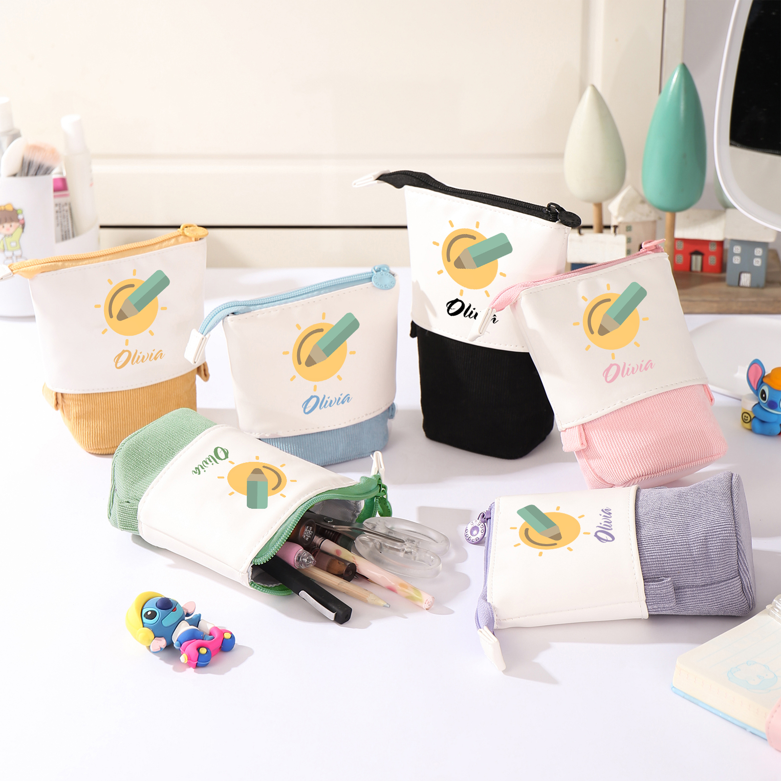 Astuccio per matite penna e sole personalizzato con 1 nome per scuola elementare bambini