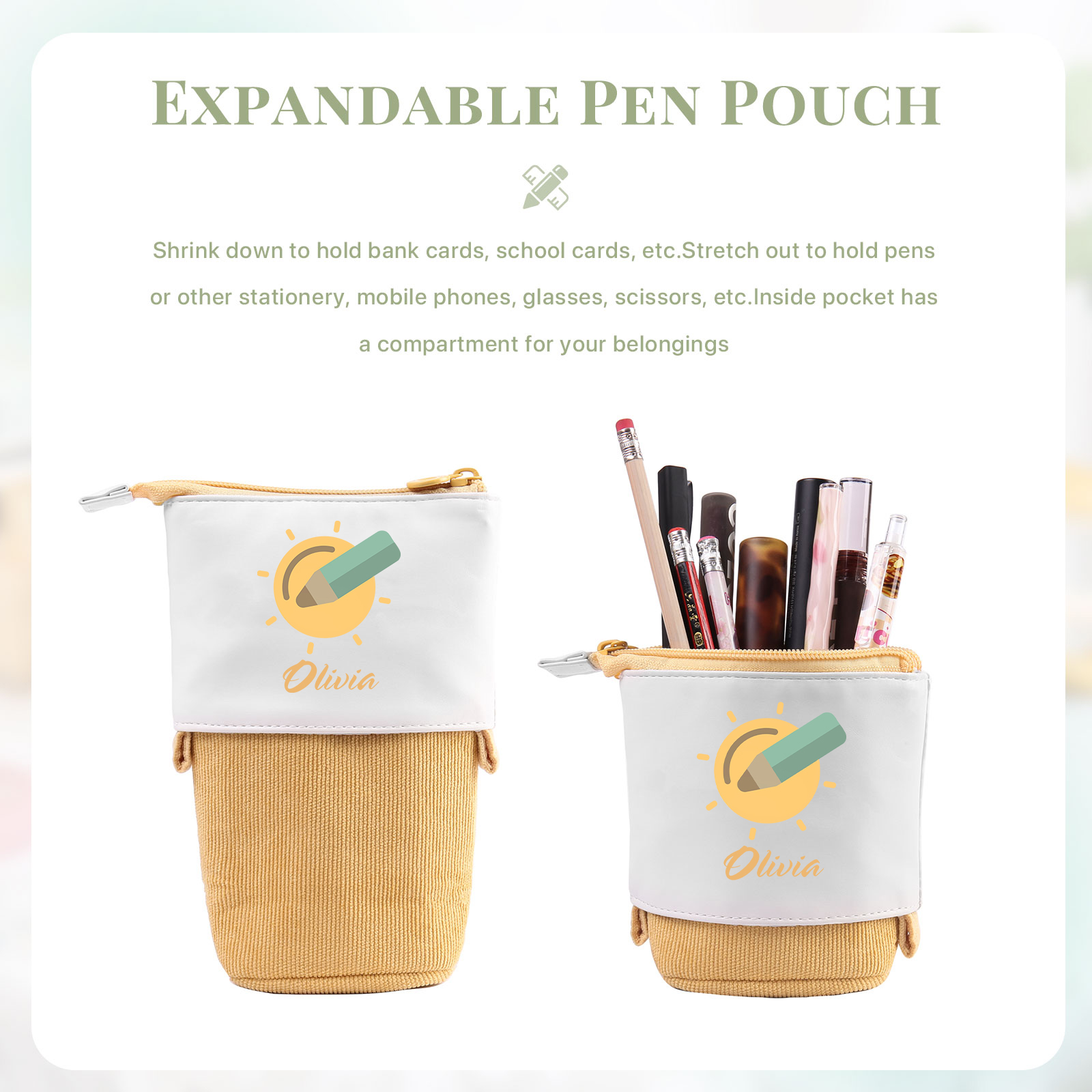 Astuccio per matite penna e sole personalizzato con 1 nome per scuola elementare bambini