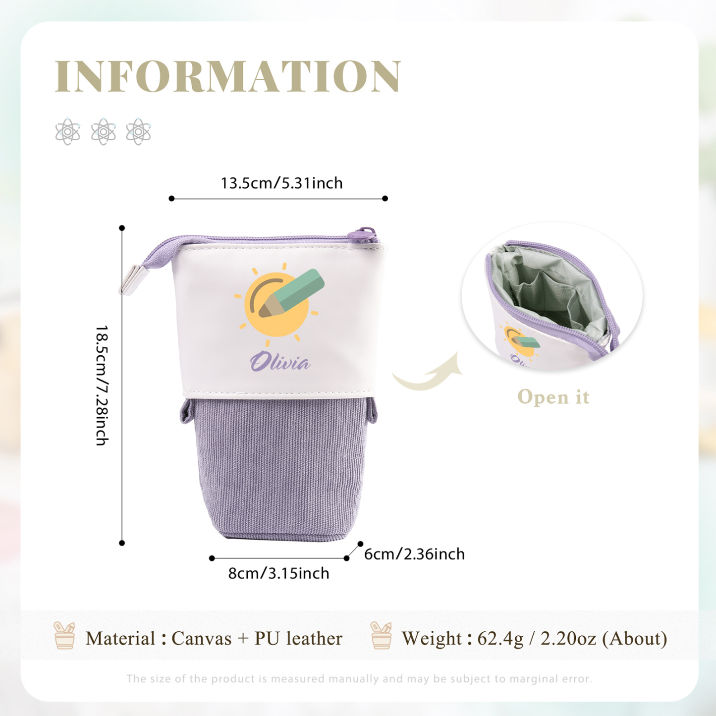 Astuccio per matite penna e sole personalizzato con 1 nome per scuola elementare bambini