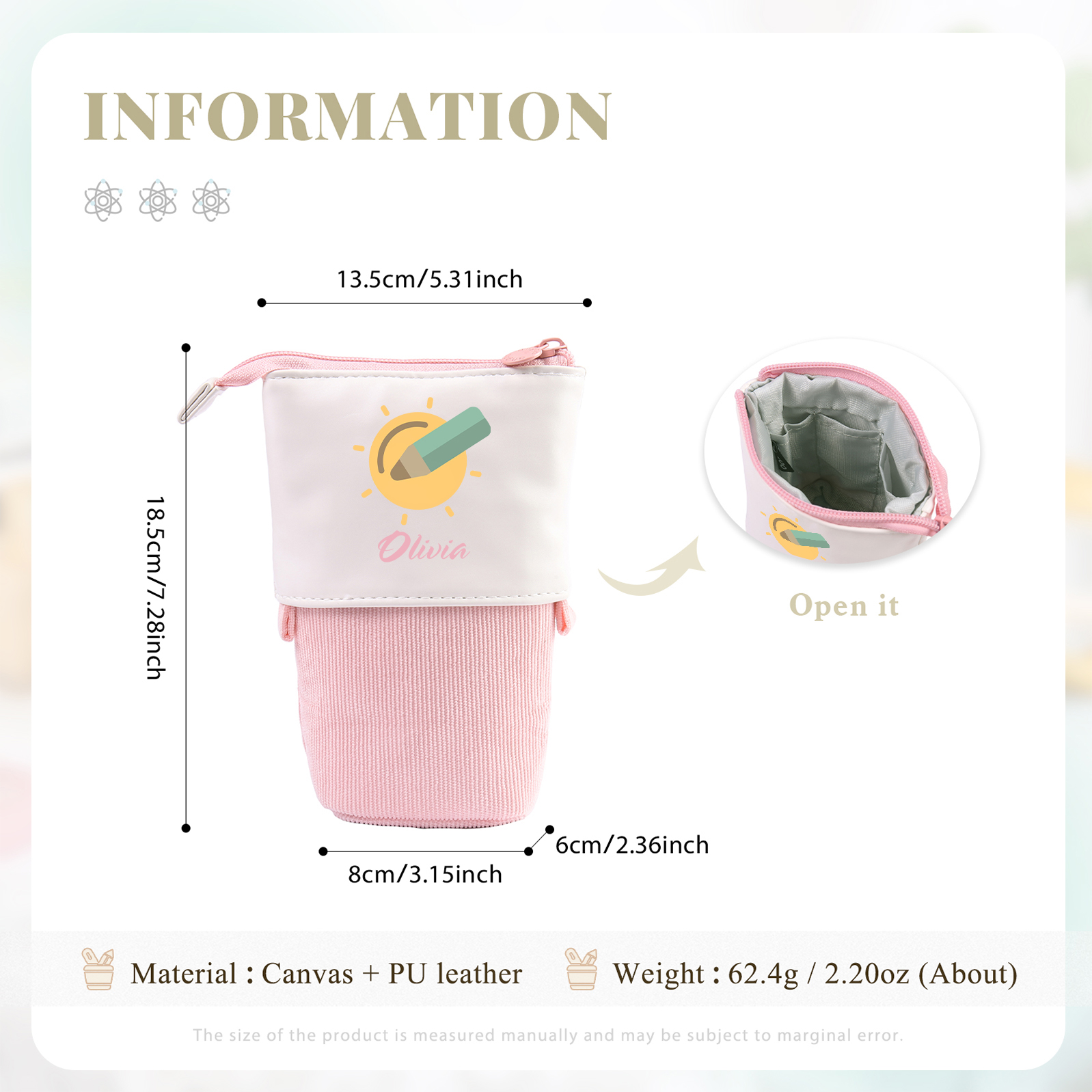 Astuccio per matite penna e sole personalizzato con 1 nome per scuola elementare bambini