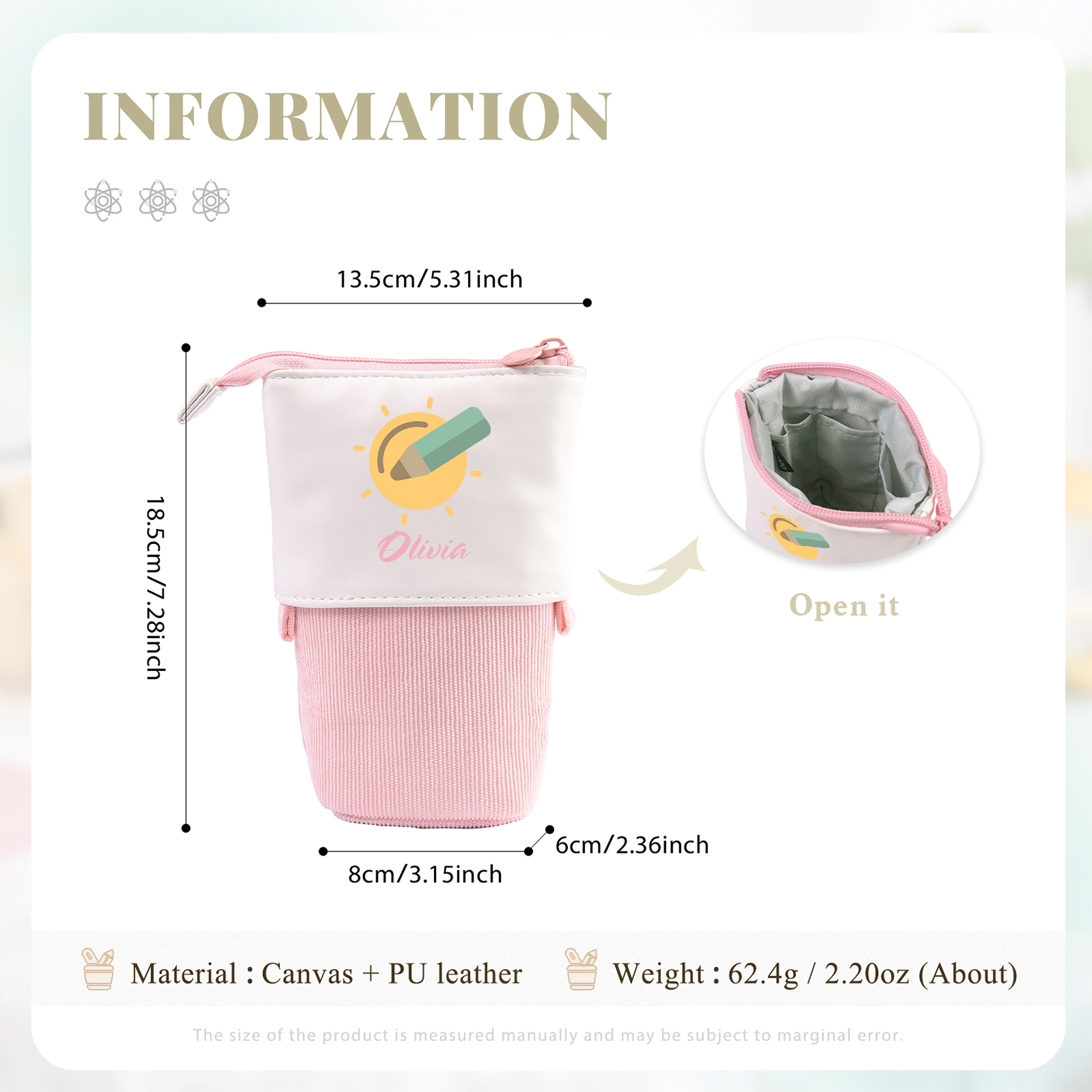 Astuccio per matite penna e sole personalizzato con 1 nome per scuola elementare bambini