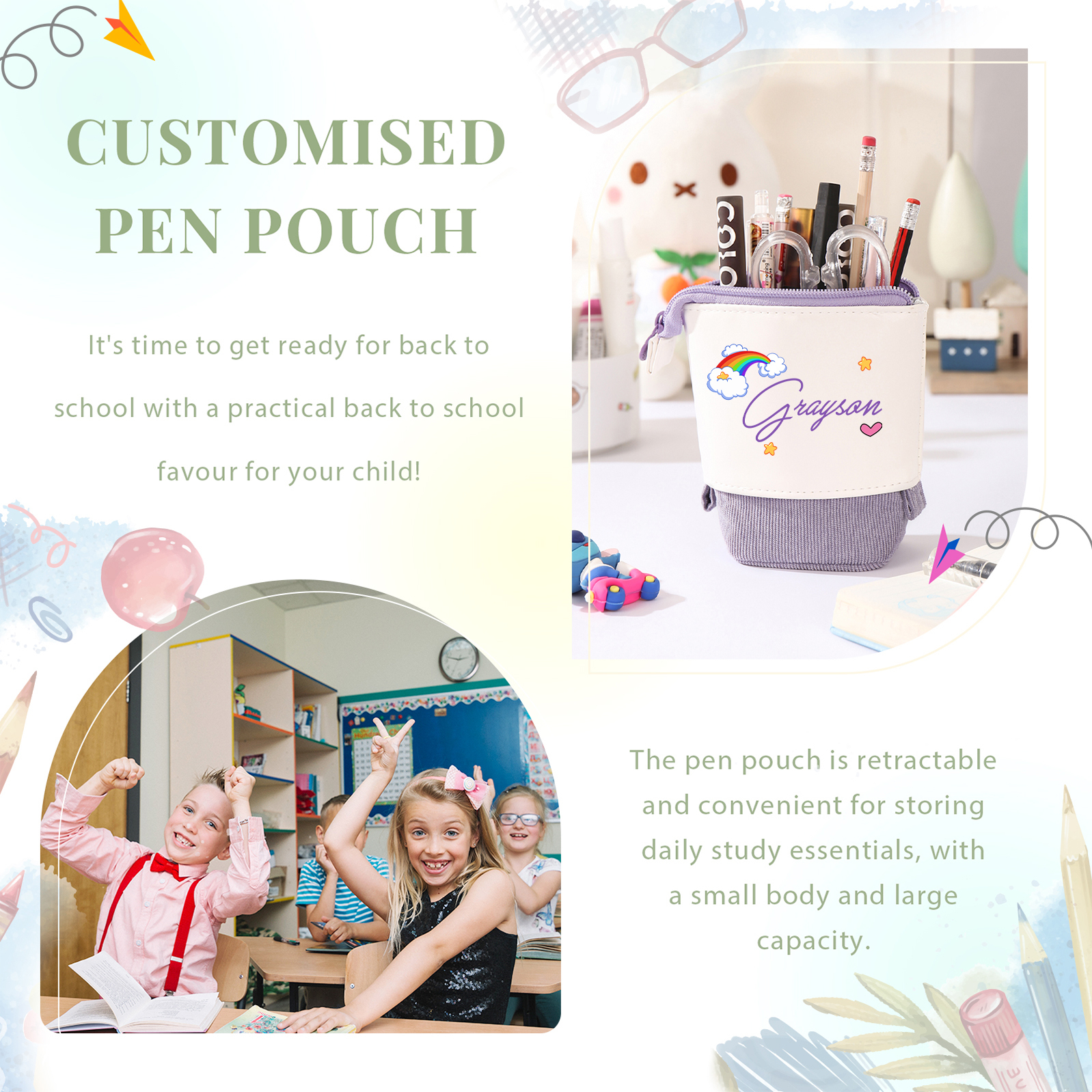 Astuccio per matite acrobaleno personalizzato con 1 nome per scuola elementare bambini