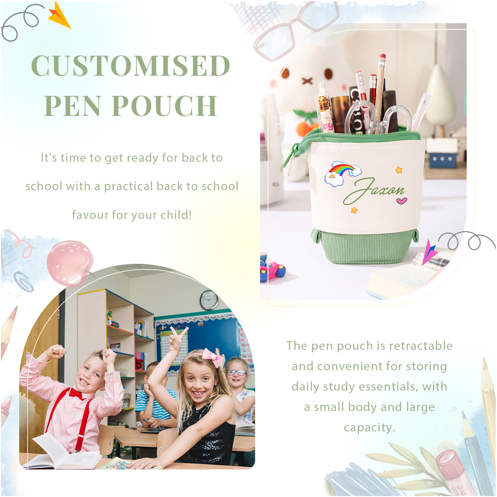 Astuccio per matite acrobaleno personalizzato con 1 nome per scuola elementare bambini