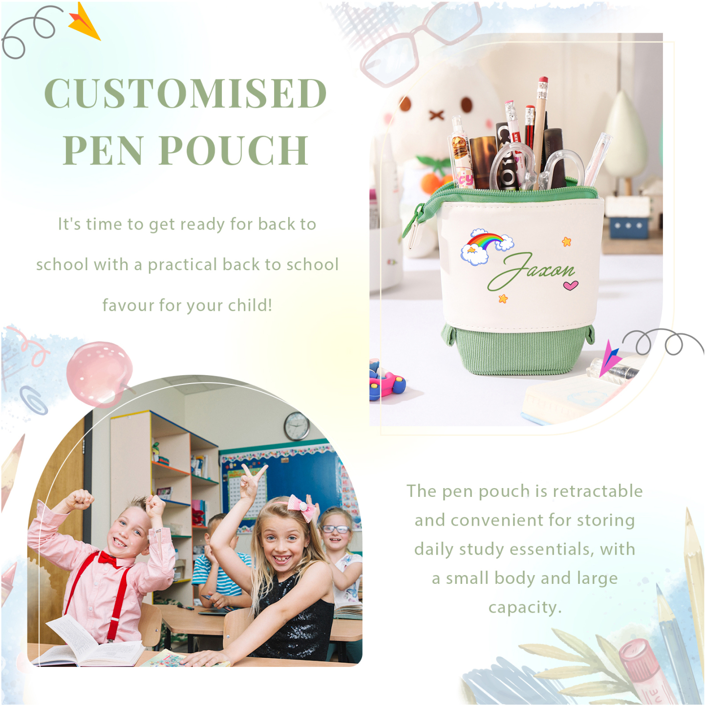 Astuccio per matite acrobaleno personalizzato con 1 nome per scuola elementare bambini