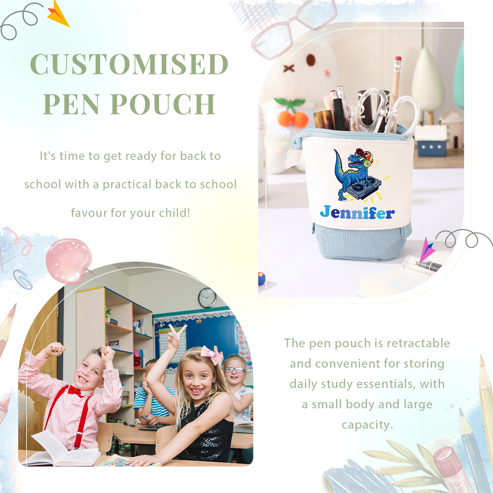 Astuccio per matite personalizzato con 1 nome e 1 immagine per scuola elementare bambini