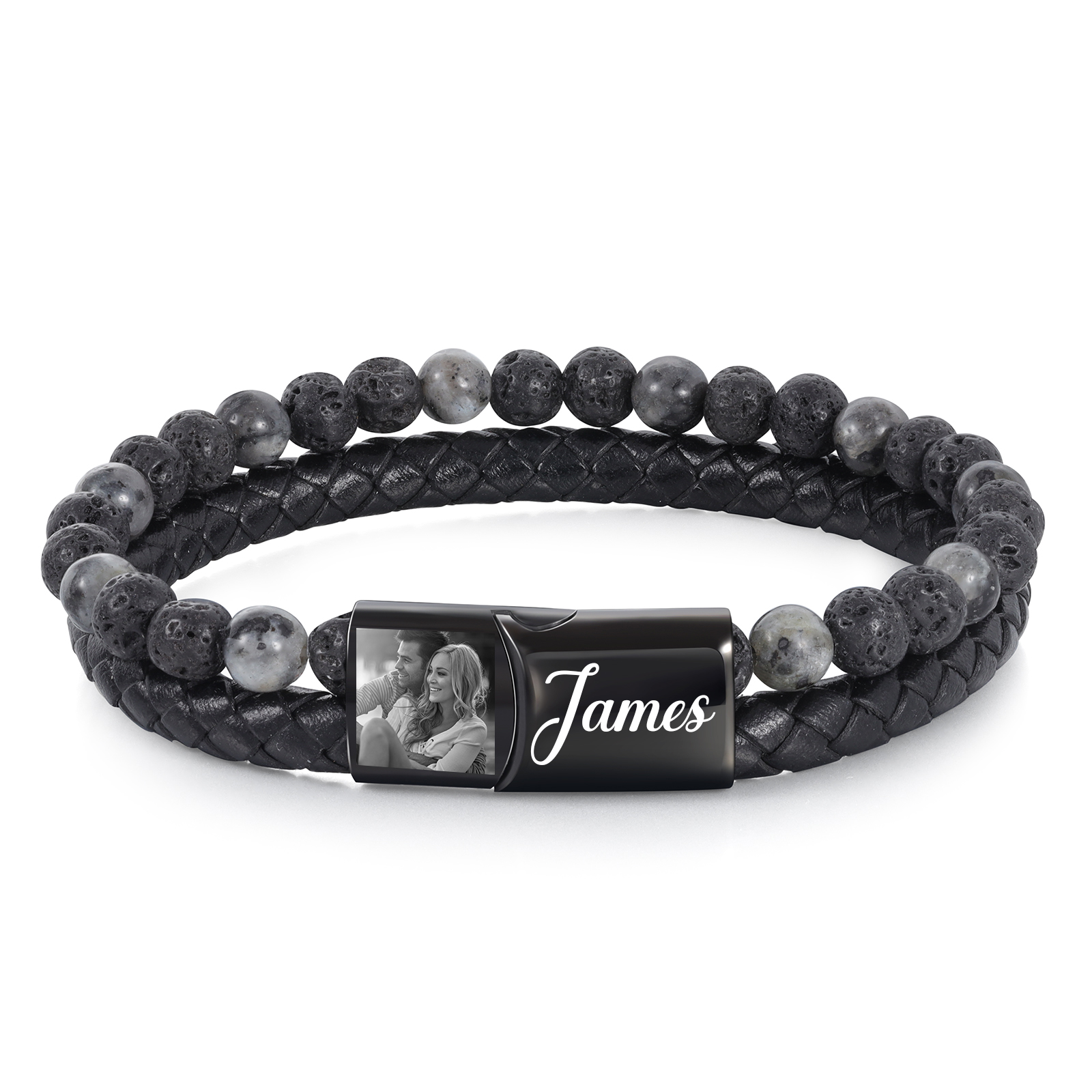 Bracciale da uomo personalizzato con perle di lava e pelle con incisione fotografica e testo a scelta – Regalo per lui: compleanno, anniversario, Festa del Papà | Jessemade