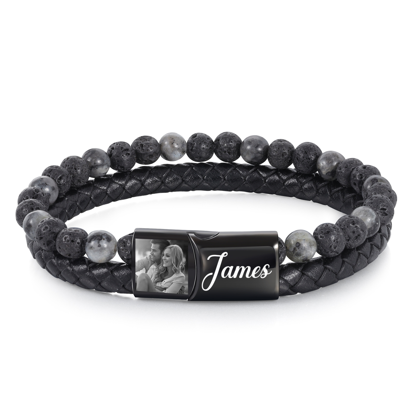 Bracciale da uomo personalizzato con perle di lava e pelle con incisione fotografica e testo a scelta – Regalo per lui: compleanno, anniversario, Festa del Papà | Jessemade
