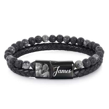 Bracciale da uomo personalizzato con perle di lava e pelle con incisione fotografica e testo a scelta – Regalo per lui: compleanno, anniversario, Festa del Papà | Jessemade