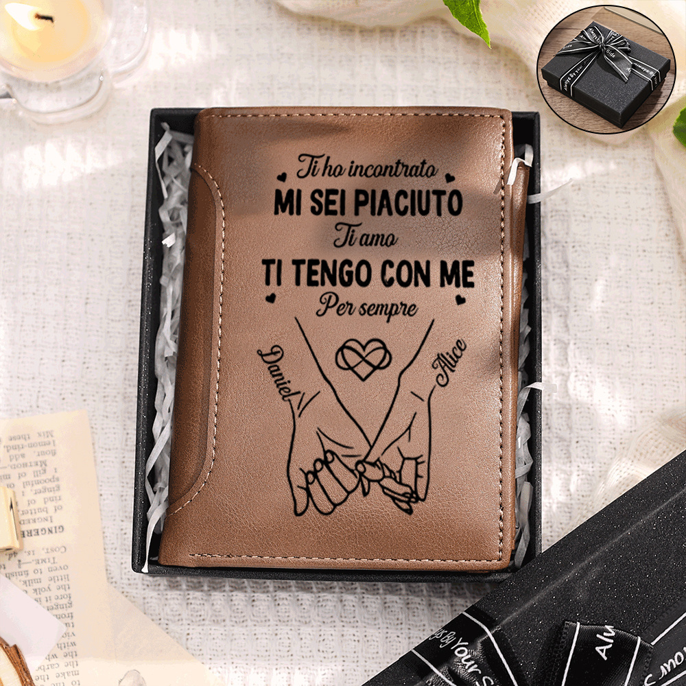 Portafoglio bifold in pelle da uomo personalizzato con motivo "Pinky Promise", inciso con 2 nomi – per coppie