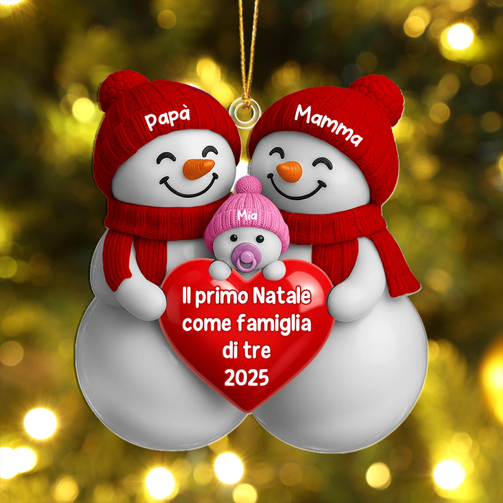 Decorazione per albero di Natale personalizzata con 3 pupazzi di neve per neogenitori