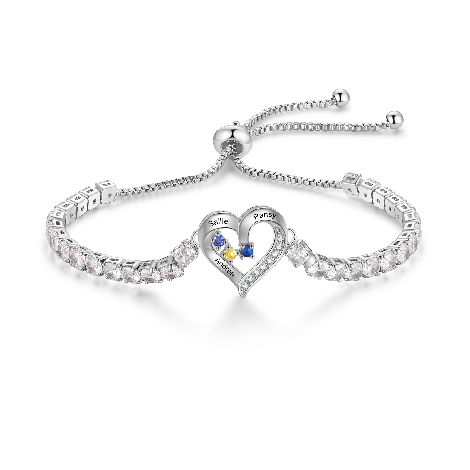 Bracciale Cuore ornato di zirconia cubica con Pietre di nascita e Nomi