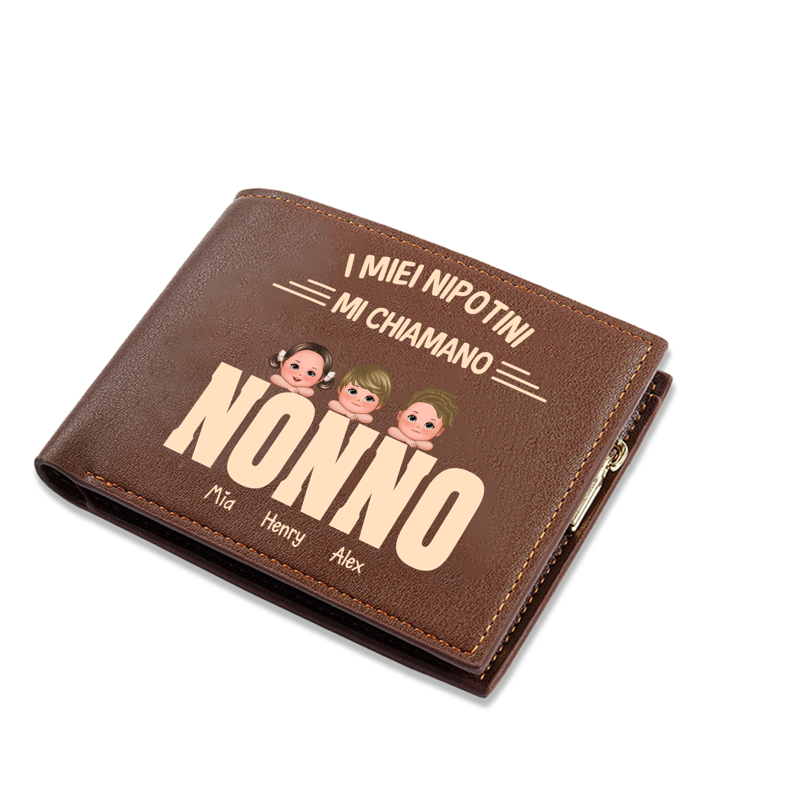 Regalo per il nonno - Portafoglio in pelle personalizzabile con i nomi da 1 a 6 bambini stampati con "Le mie persone preferite mi chiamano nonno"
