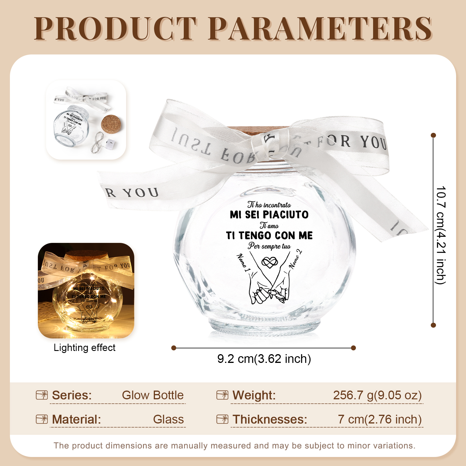 Bottiglia Luminosa Personalizzata in Vetro, Barattolo Luminoso a LED con Fiocco di Nastro