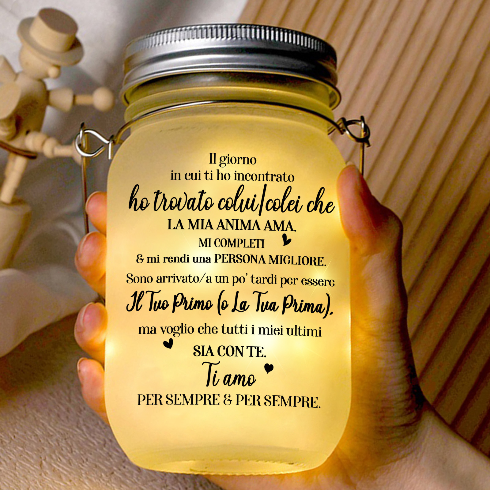 Barattolo Luminoso con Foto e Messaggio d’Amore – Lampada Ricordo Personalizzata per Coppia