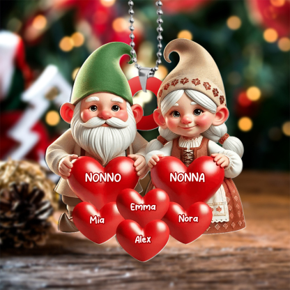Decorazione per albero di Natale con cuori e nome personalizzati - Famiglia di gnomi