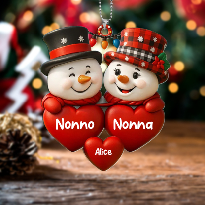 Decorazione per l'albero di Natale con pupazzi di neve personalizzata con i nomi della famiglia