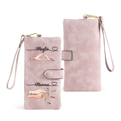 Portafoglio da donna personalizzato con mano e cuore e fino a 8 nomi dei figli, regalo per donna o mamma
