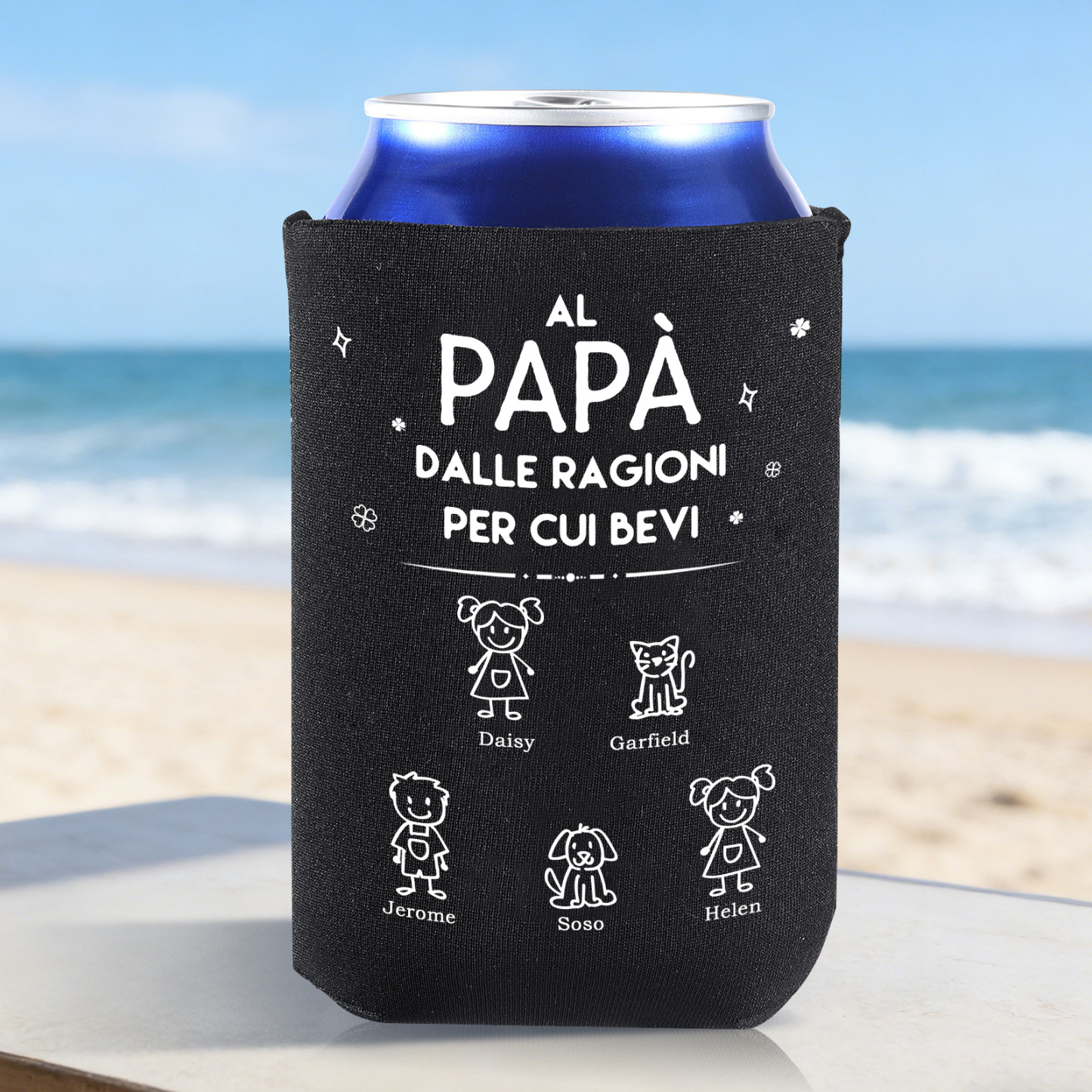 Manicotto Termico Personalizzato per Lattina con Famiglia a Fumetti – Papà DALLE RAGIONI PER CUI BEVI