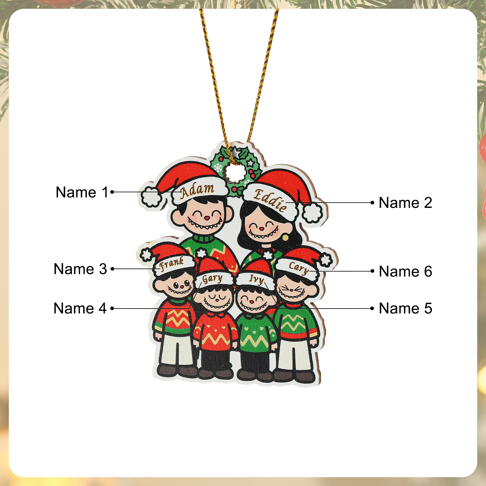 Ornamento di Natale in legno personalizzato con famiglia in stile cartone animato