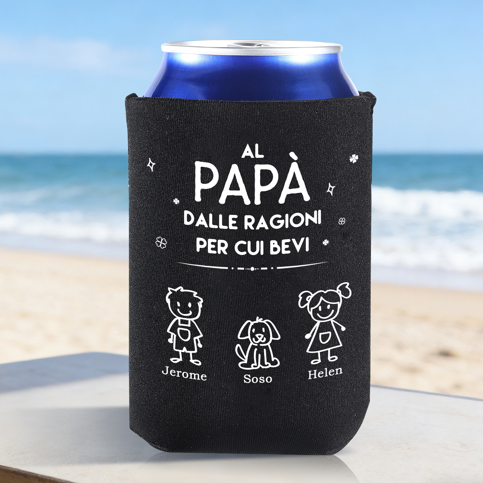 Manicotto Termico Personalizzato per Lattina con Famiglia a Fumetti – Papà DALLE RAGIONI PER CUI BEVI