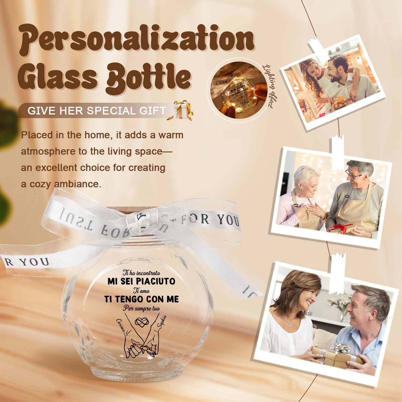 Bottiglia Luminosa Personalizzata in Vetro, Barattolo Luminoso a LED con Fiocco di Nastro