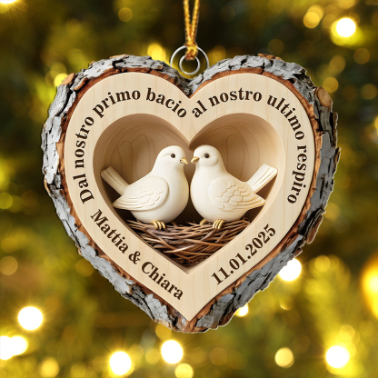 Addobbo natalizio a cuore personalizzato con uccellini innamorati per coppie