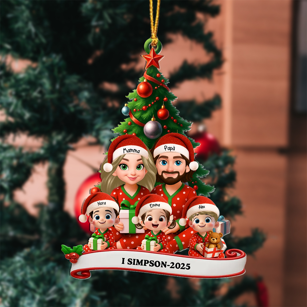 Decorazione per albero di Natale personalizzata con famiglia in stile cartoon con pigiami natalizi