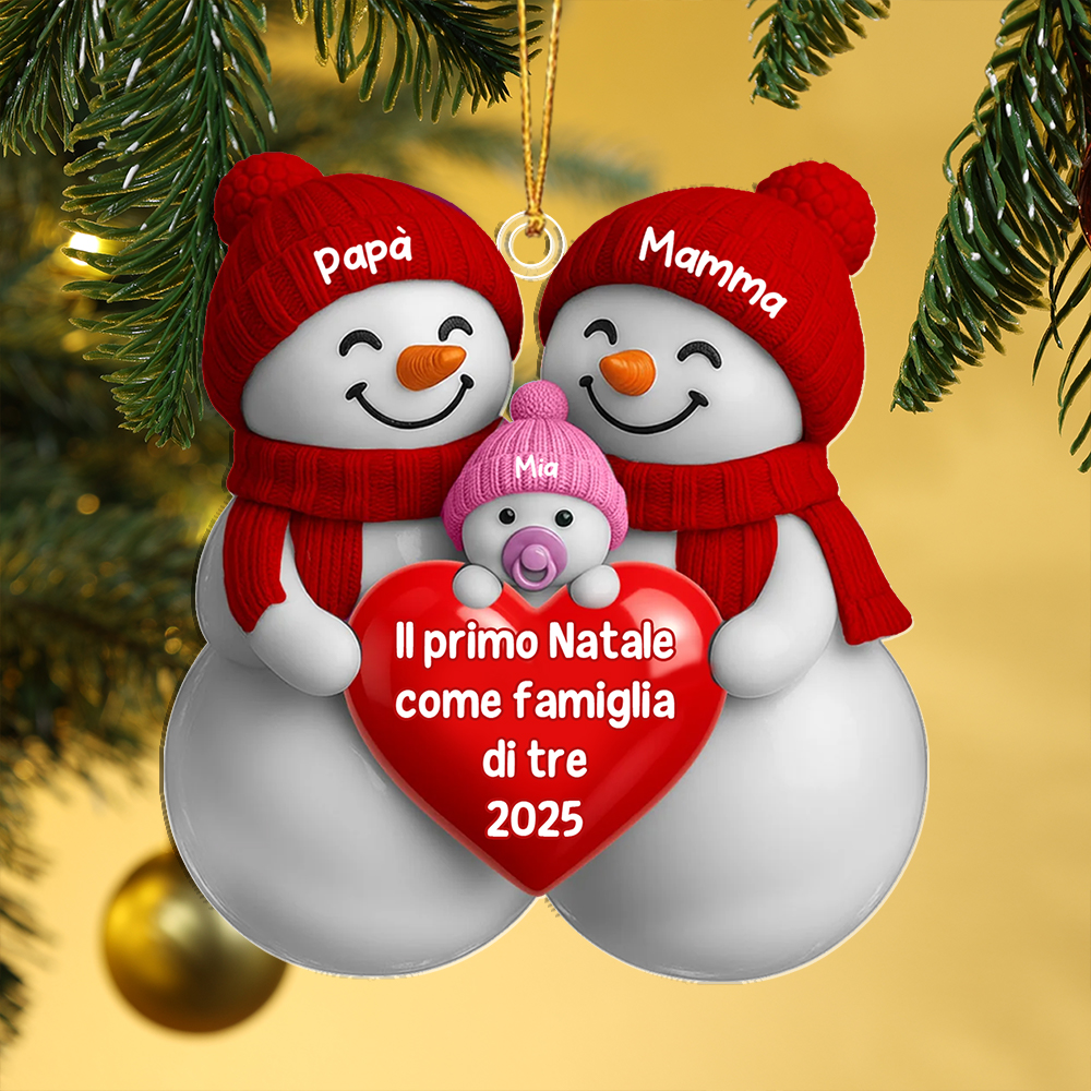 Decorazione per albero di Natale personalizzata con 3 pupazzi di neve per neogenitori