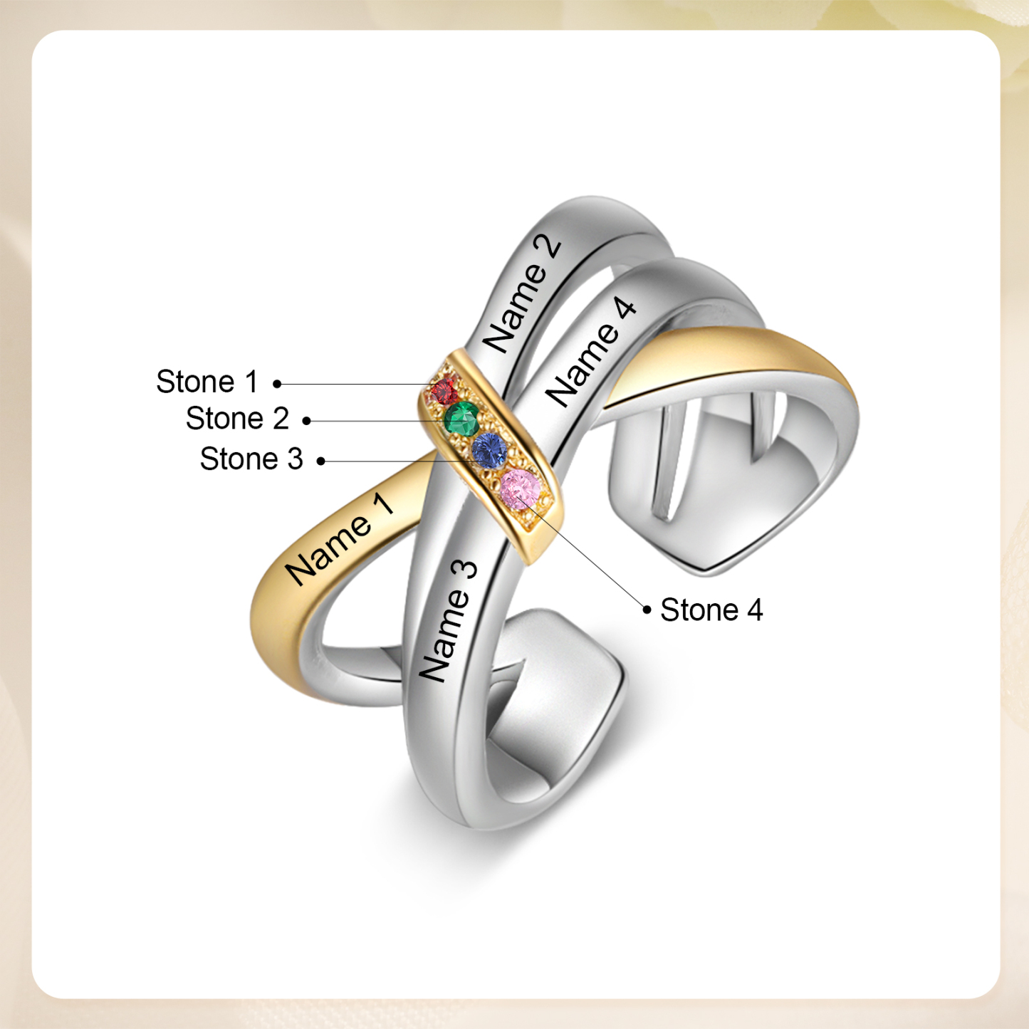 Anello Personalizzato con 4 Nomi e 4 Pietra di Nascita simbolo di amore e connessione