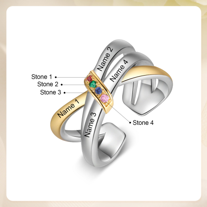 Anello Personalizzato con 4 Nomi e 4 Pietra di Nascita simbolo di amore e connessione