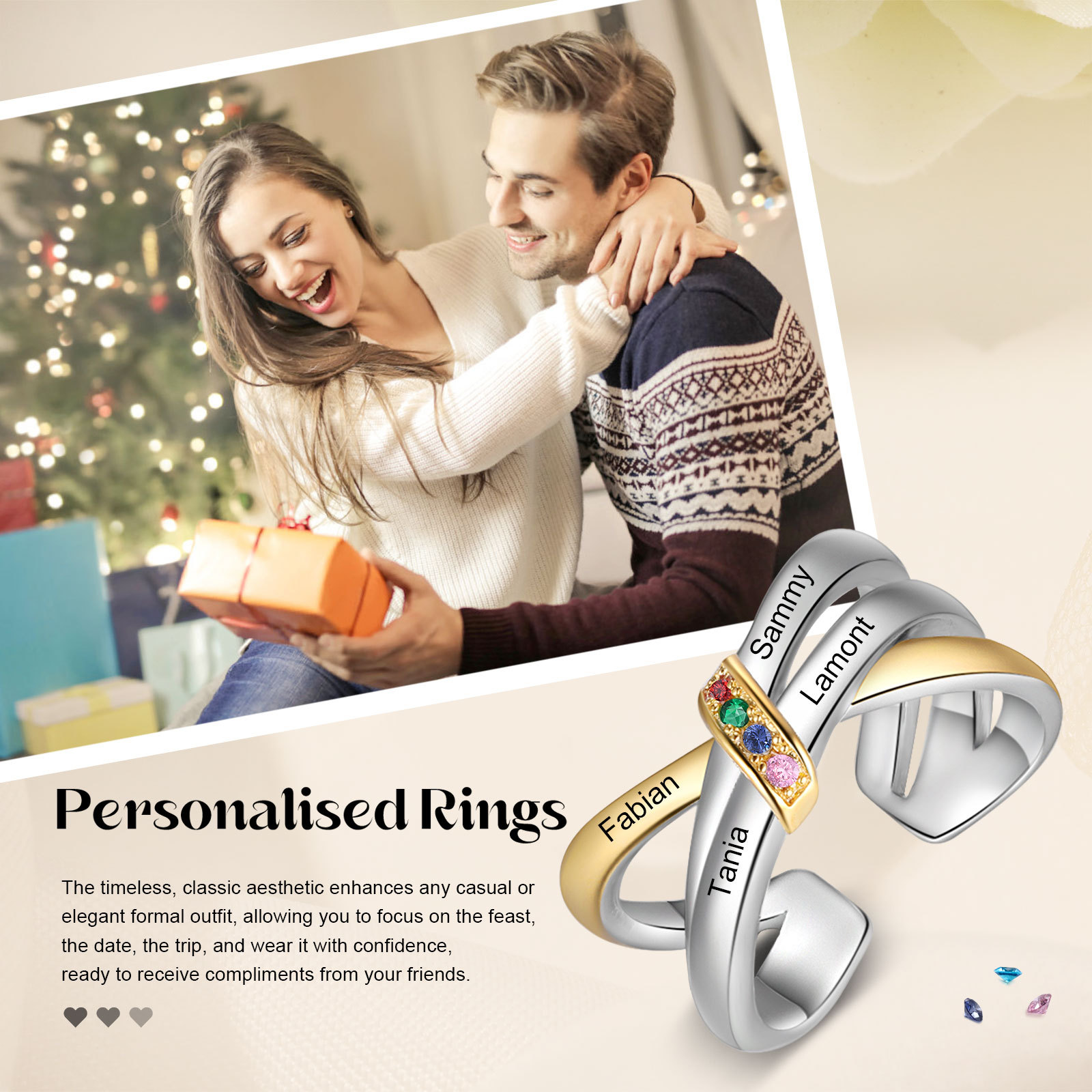 Anello Personalizzato con 4 Nomi e 4 Pietra di Nascita simbolo di amore e connessione