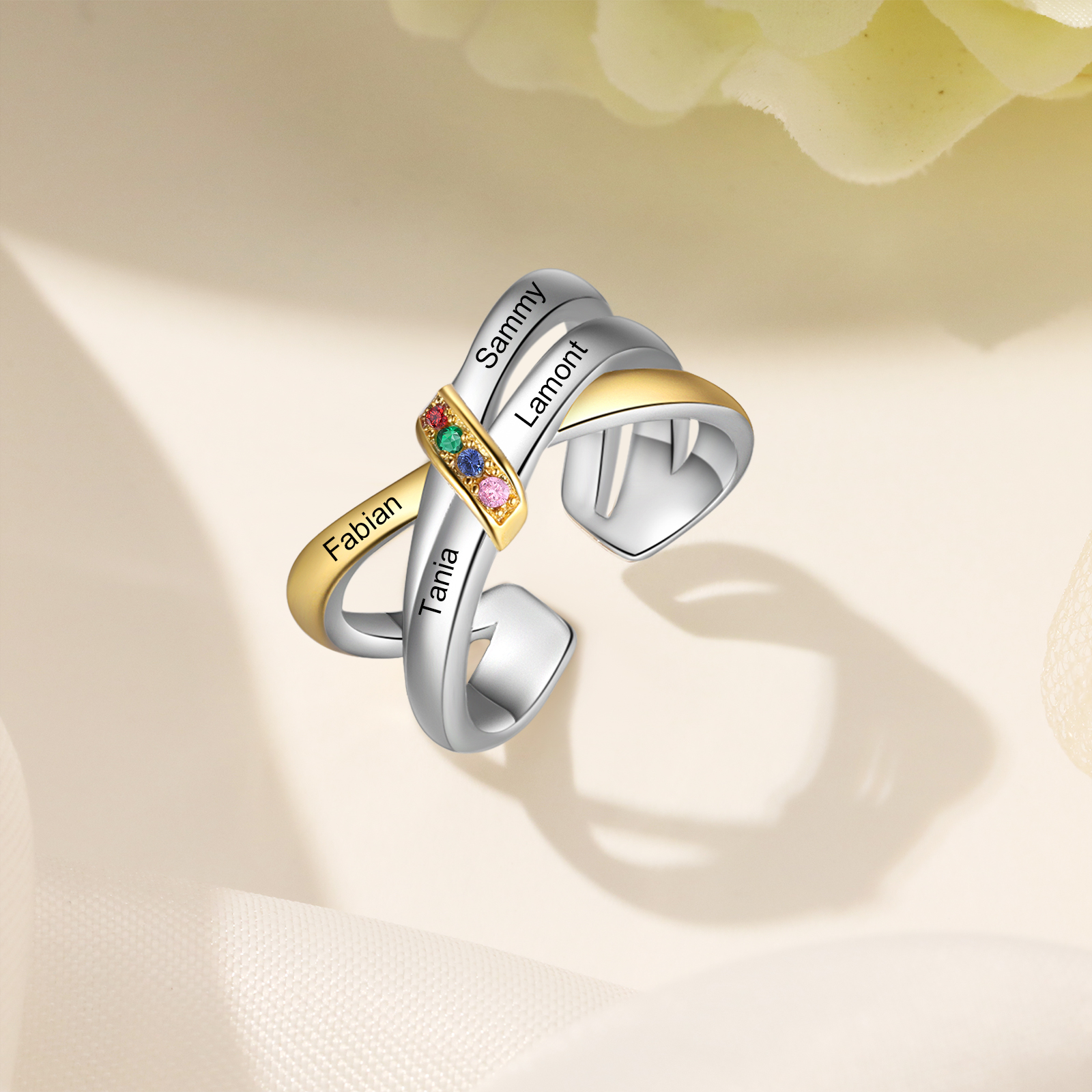 Anello Personalizzato con 4 Nomi e 4 Pietra di Nascita simbolo di amore e connessione
