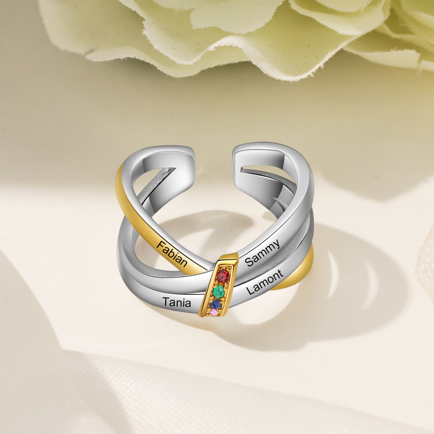 Anello Personalizzato con 4 Nomi e 4 Pietra di Nascita simbolo di amore e connessione