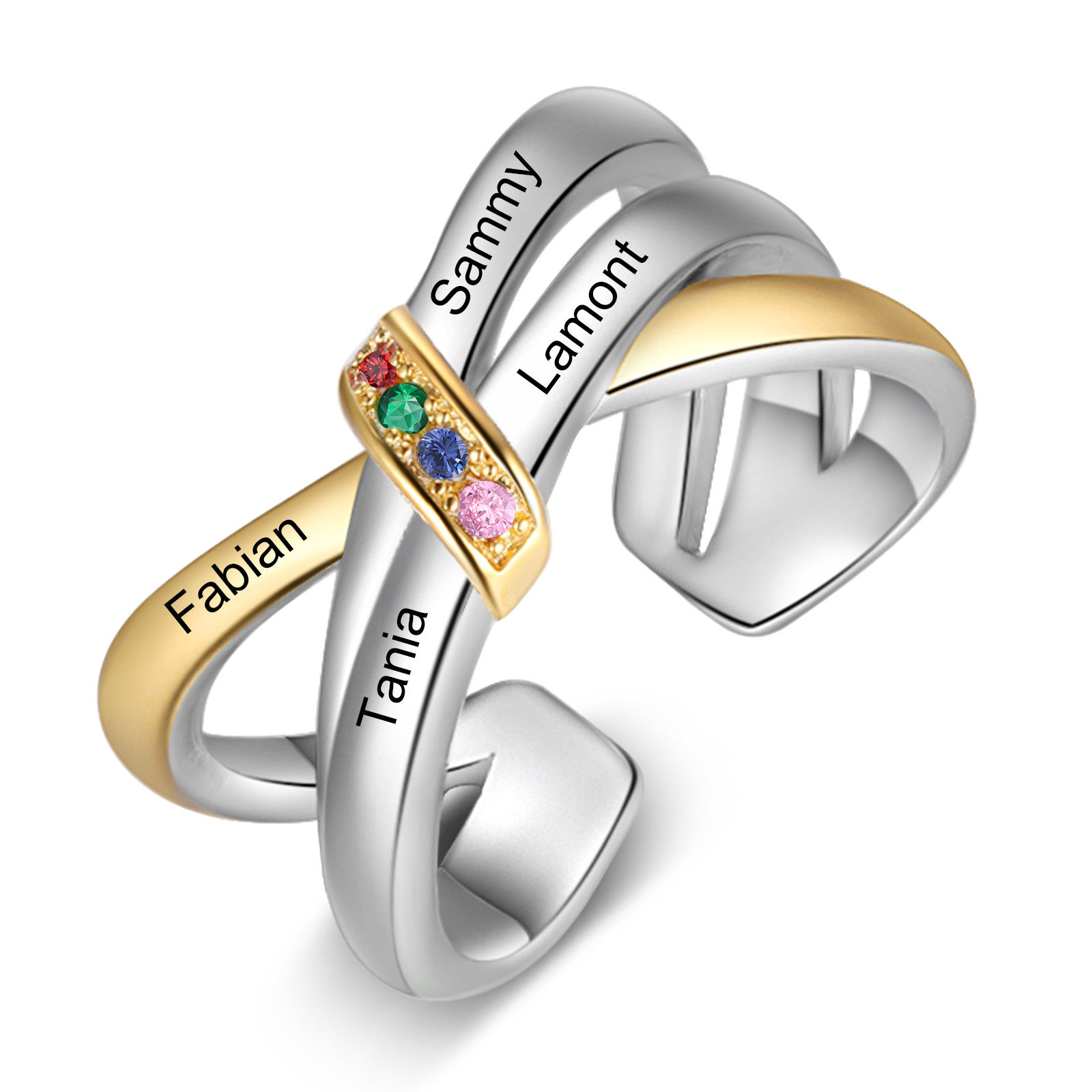 Anello Personalizzato con 4 Nomi e 4 Pietra di Nascita simbolo di amore e connessione