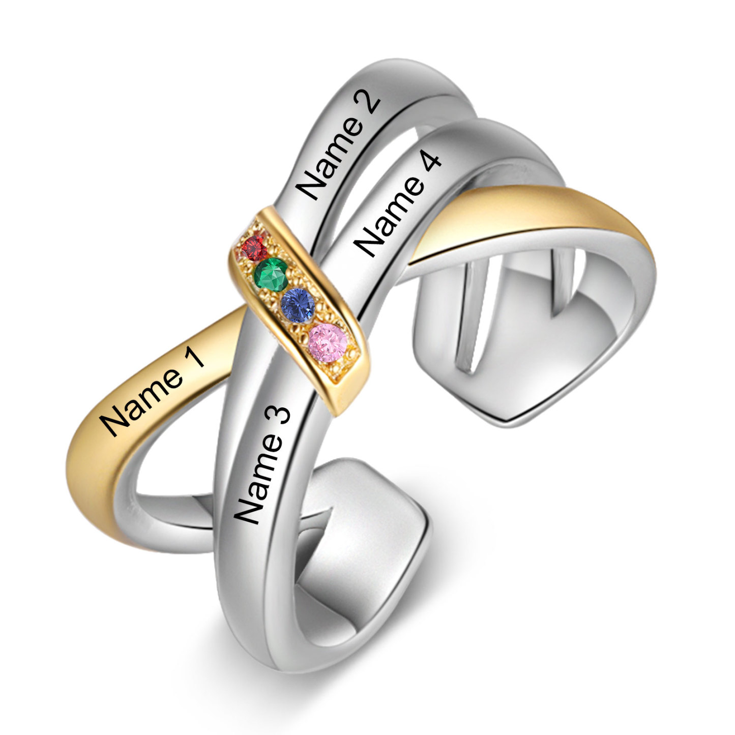 Anello Personalizzato con 4 Nomi e 4 Pietra di Nascita simbolo di amore e connessione