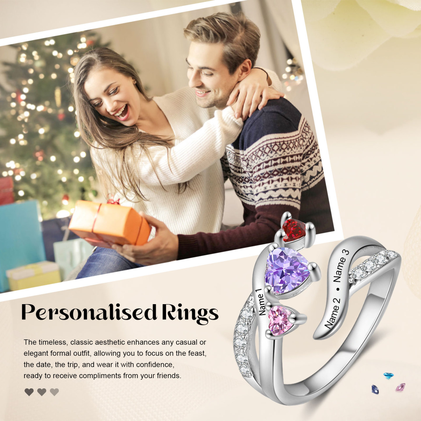 Anello Personalizzato con Nomi e Pietra di Nascita Regalo Unico per Donne