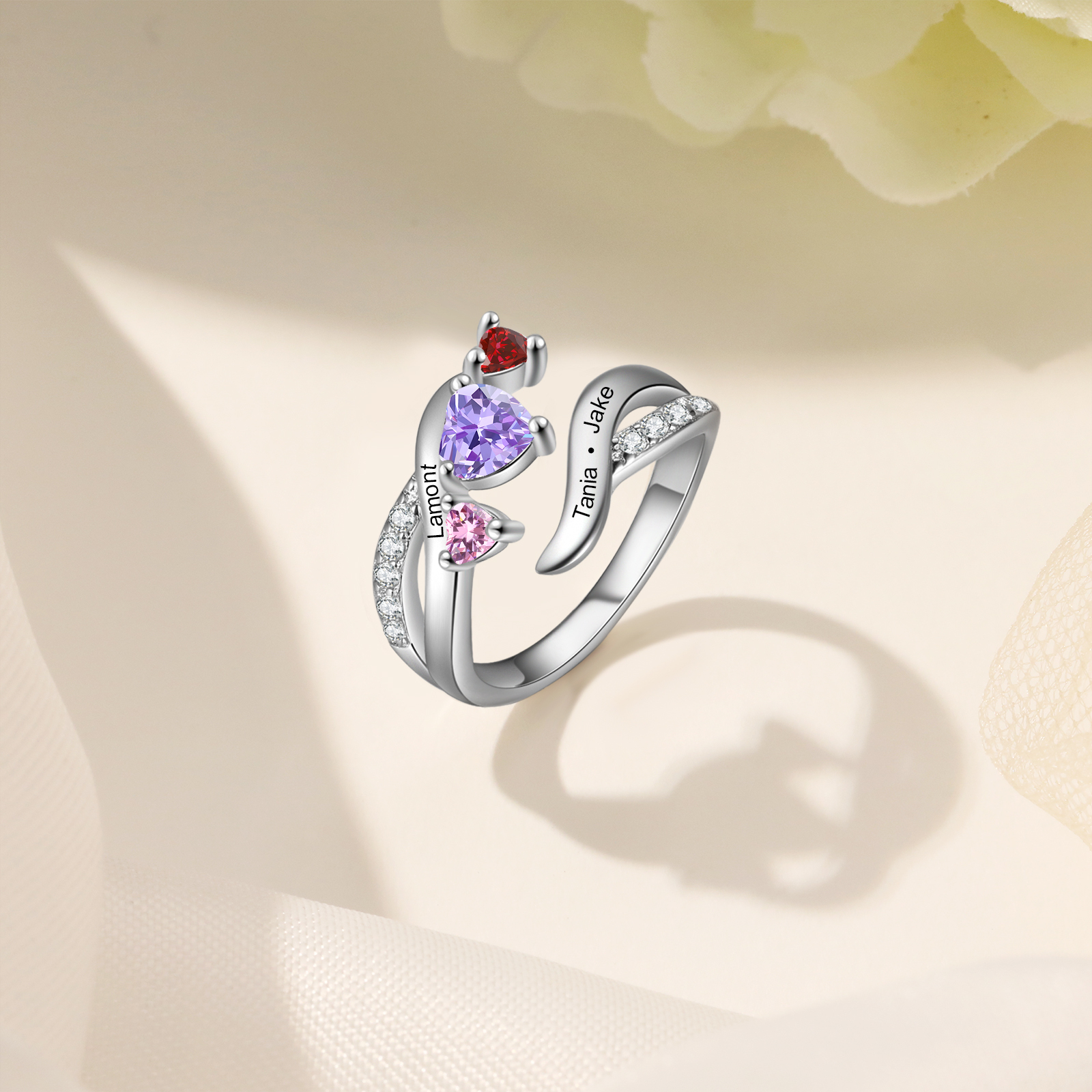 Anello Personalizzato con Nomi e Pietra di Nascita Regalo Unico per Donne