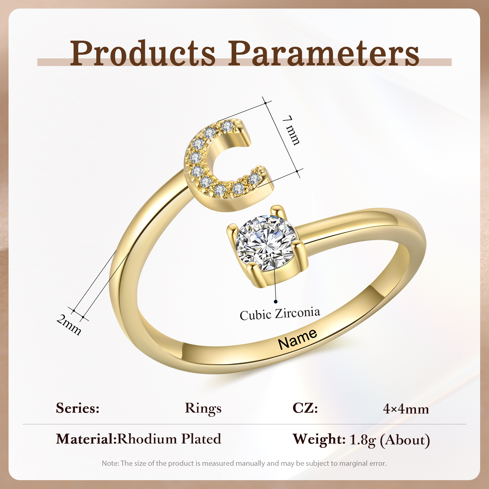 Anello in Rame Personalizzato con 1 Iniziale e 1 Nome - Design Elegante e Romantico - Regalo di Natale per Lui/Lei | Jessemade