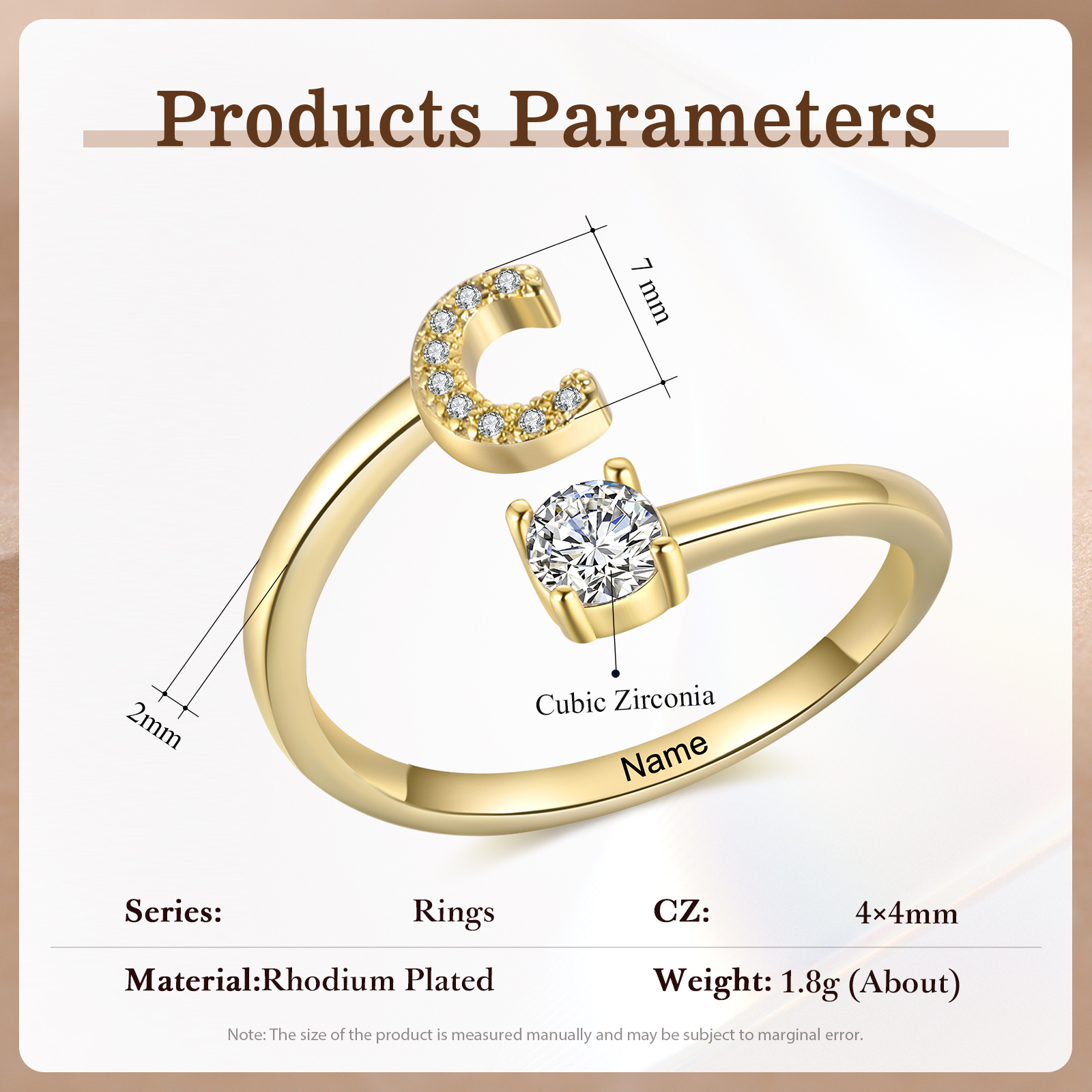 Anello in Rame Personalizzato con 1 Iniziale e 1 Nome - Design Elegante e Romantico - Regalo di Natale per Lui/Lei | Jessemade