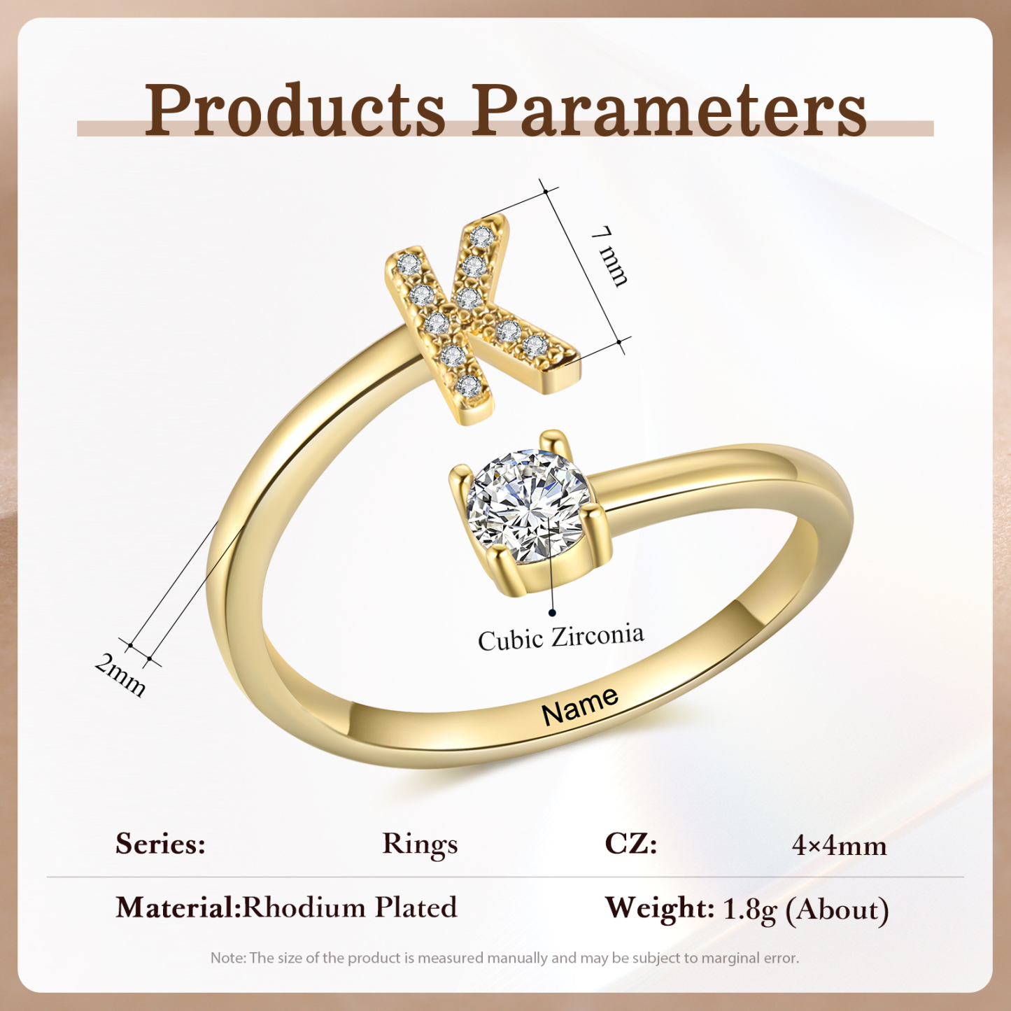 Anello in Rame Personalizzato con 1 Iniziale e 1 Nome - Design Elegante e Romantico - Regalo di Natale per Lui/Lei | Jessemade