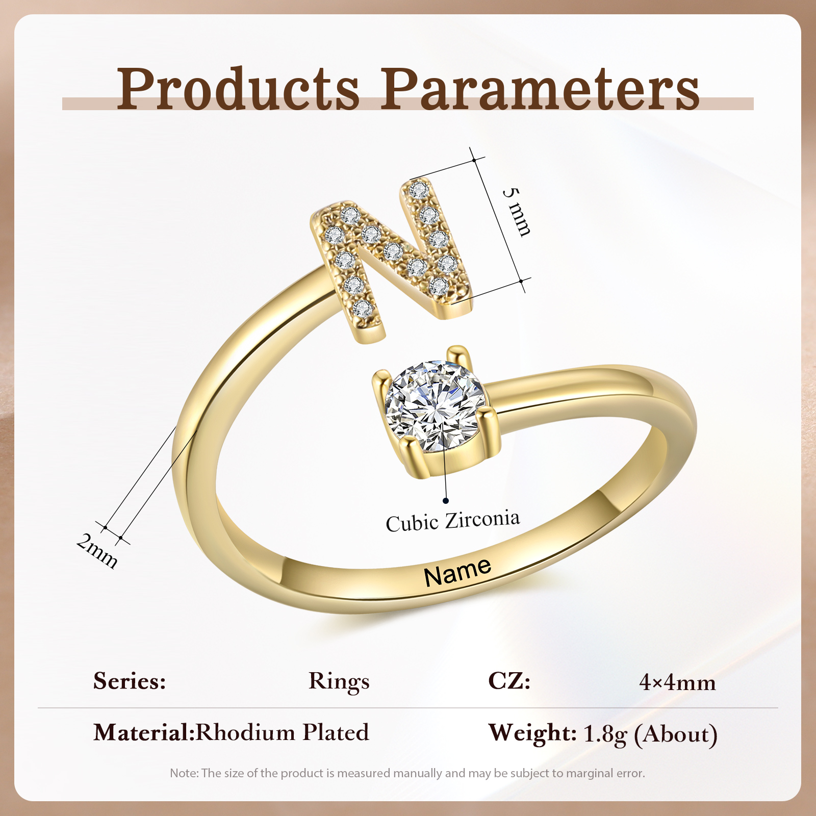 Anello in Rame Personalizzato con 1 Iniziale e 1 Nome - Design Elegante e Romantico - Regalo di Natale per Lui/Lei | Jessemade