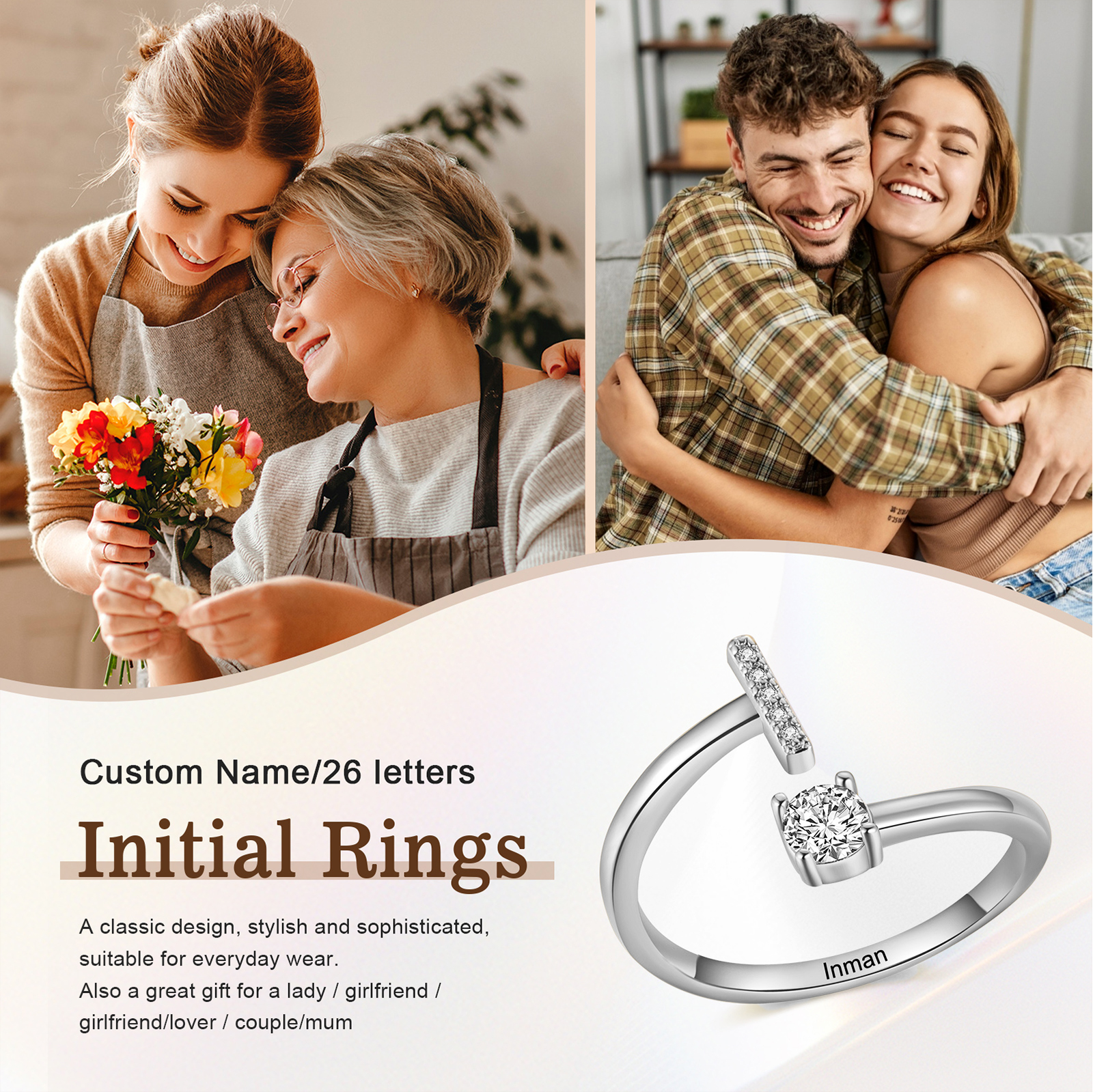 Anello Personalizzato in Rame Argentato con 1 Iniziale e 1 Nome - Design Elegante e Romantico - Regalo di San Valentino per Lei/Lui | Jessemade