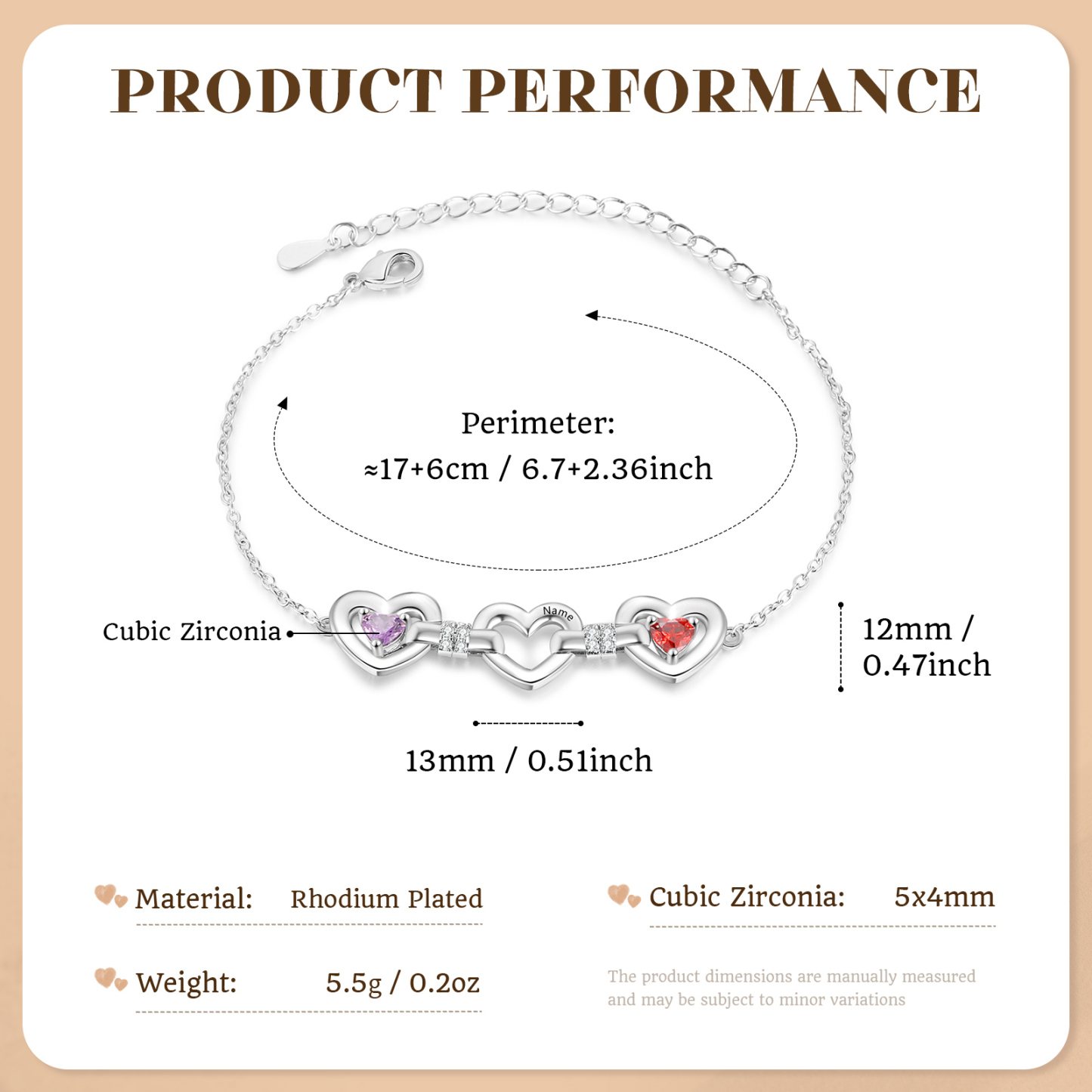 Bracciale cuore personalizzato con cuori intrecciati, da 1 a 4 nomi e pietre di nascita