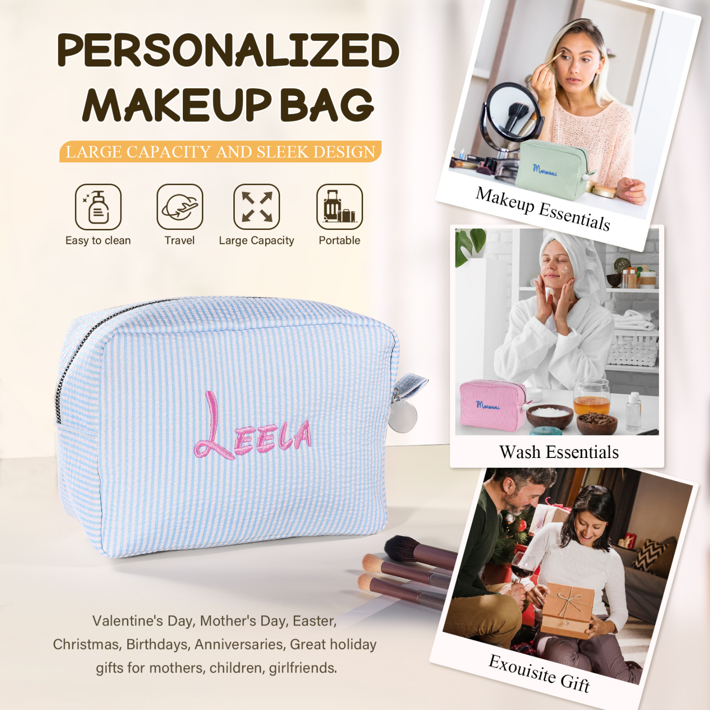 Borsa per Trucco Portatile in Cotone e Poliestere con Ricamo Personalizzato – Nome Personalizzato, 4 Colori – Regalo di Natale per Lei | Jessemade