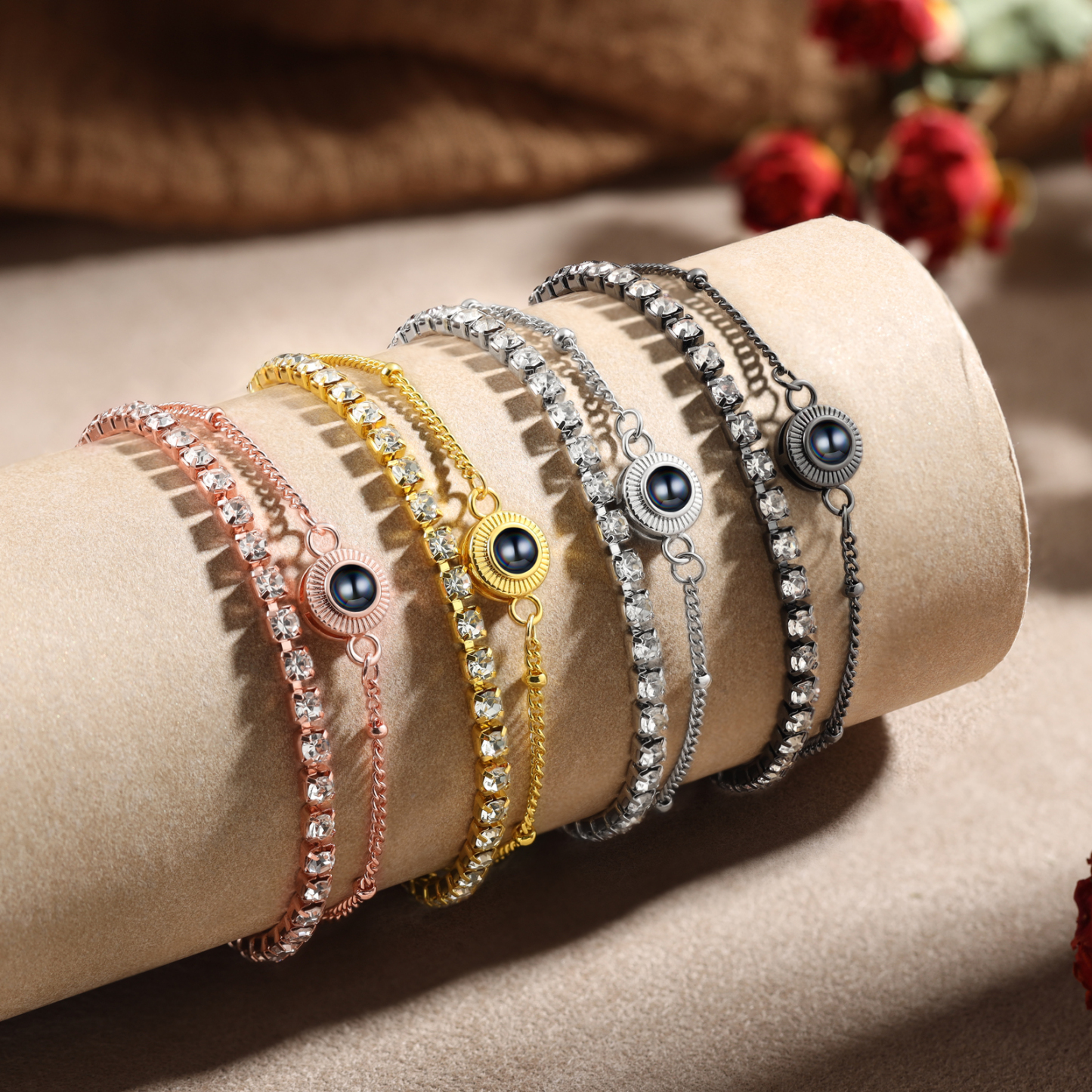 Bracciale con proiezione fotografica personalizzata e doppia fila di strass – bracciale da donna regolabile