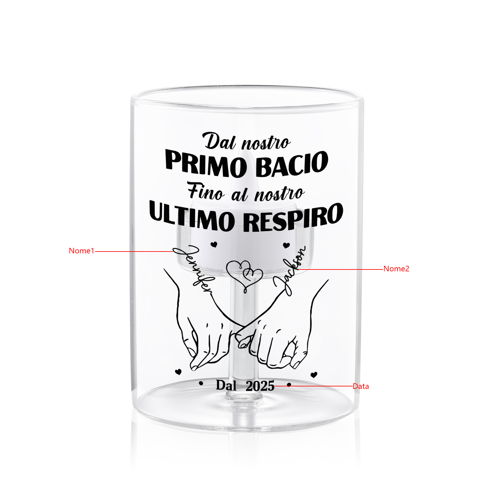 Portacandele in vetro personalizzato senza candela - Dal nostro primo bacio fino al nostro ultimo respiro