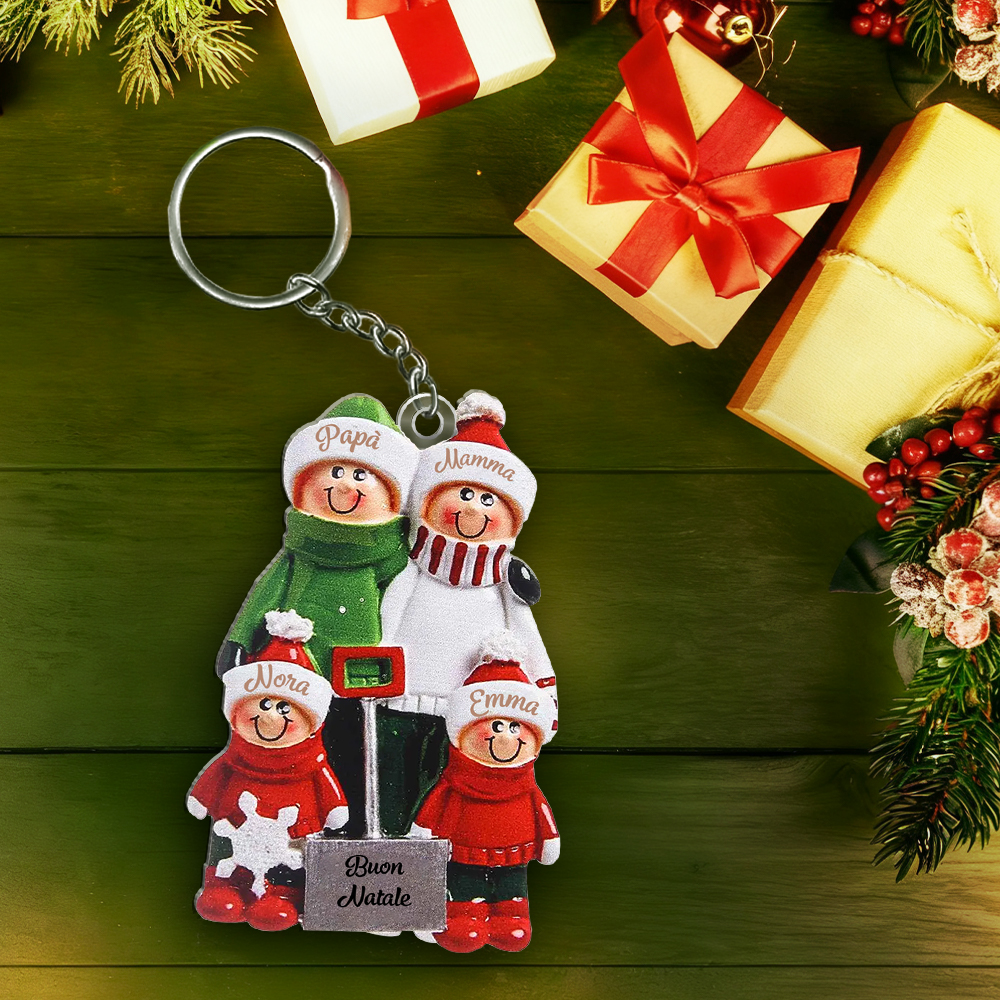 Portachiavi di Natale personalizzato con nome – Famiglia che spala la neve