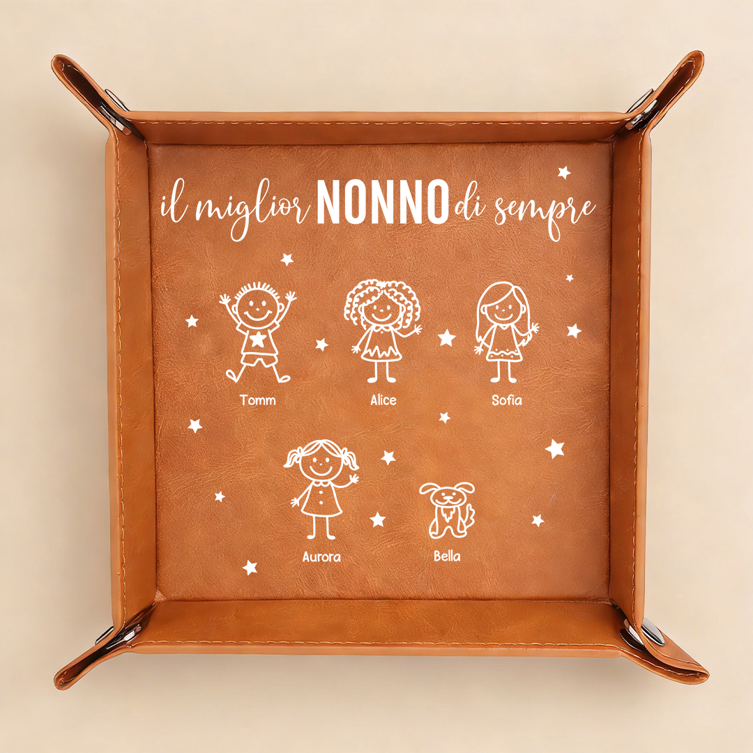 Svuotatasche in pelle personalizzato con 1–10 nomi e bambini per “Miglior papà/nonno del mondo”